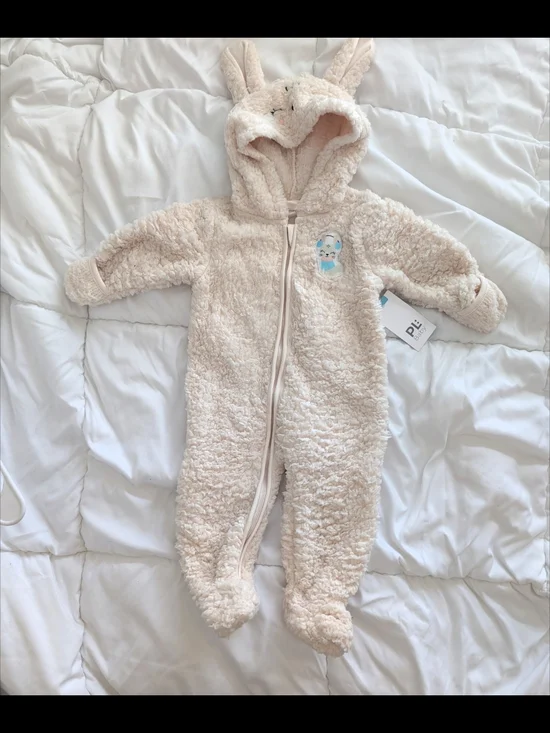 Petit Lem Plush Bunny Hooded Footed One-Piece - Pale Blush