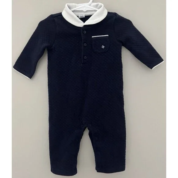 Janie And Jack Baby Boy Peter Pan Collared Quilted Navy/White Jumpsuit Size 3/6