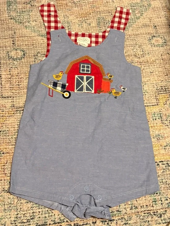Mud Pie Blue Romper with Red Barn Appliqué and Red Gingham Straps