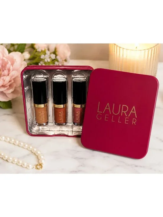 Laura Geller Lip Gloss Set Fast Track Photo Finish Home Stretch 3 Pc Gift Tin