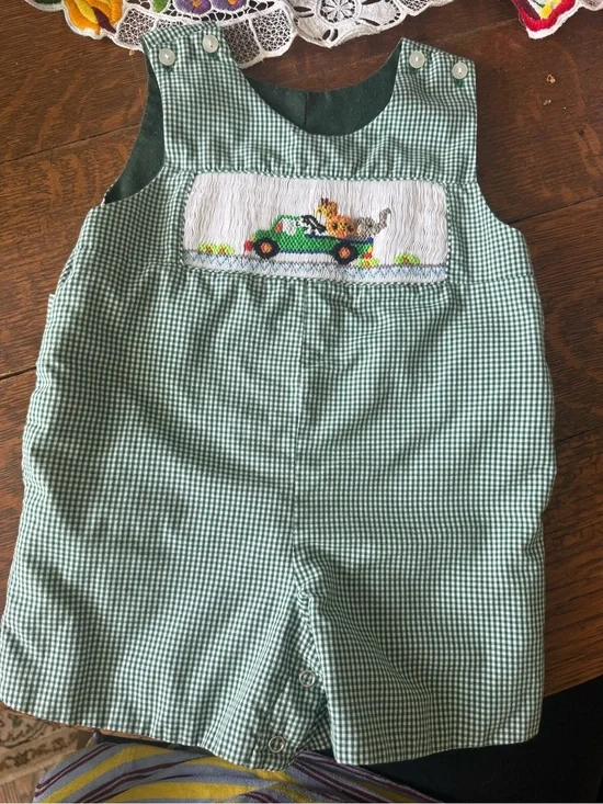 Green Gingham Smocked Baby Shortall with Car Embroidery
