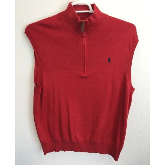 Polo Ralph Lauren Vest Sz L Pima Cotton Sleeveless V-Neck Red Blue Pony