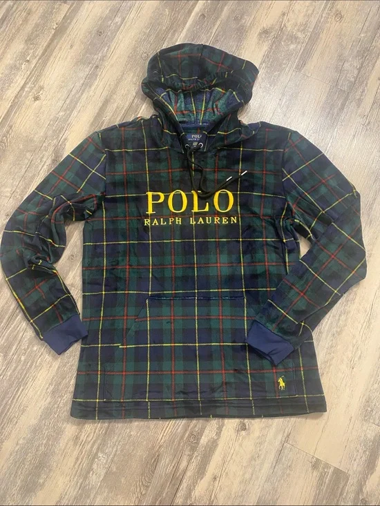 Polo Ralph Lauren Hoodie Pullover Mens Green Plaid Velour Sleepwear MEDIUM