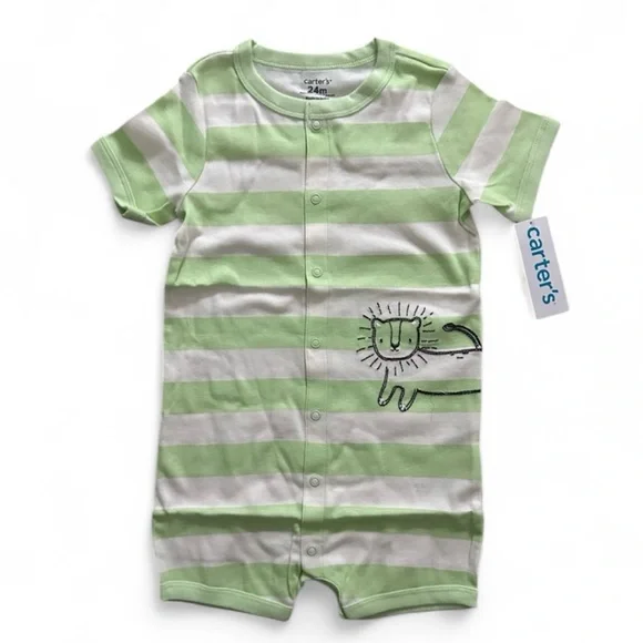 Carter’s Boys 24M Green Striped Romper Lion Short Sleeve One Piece NWT