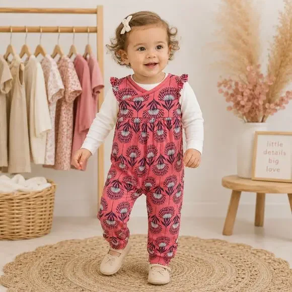 Tea Collection Coral Maroon Floral One Piece Romper 9 to 12 Months