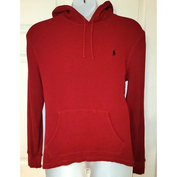 Polo Ralph‎ Lauren Hoodie M Red Waffle Knit Pony Logo-100% Cotton