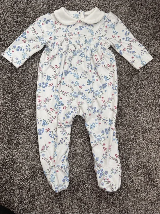 Little Me White Footed One-Piece with Blue & Pink Floral Print