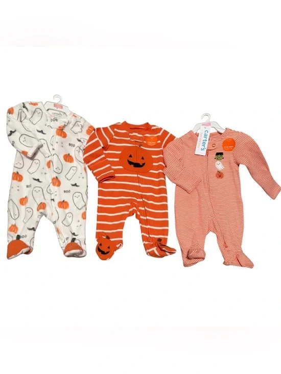 Carter’s Baby Halloween Sleeper Bundle 3 Pc NWT Footed Pajamas Ghost Pumpkin Zip