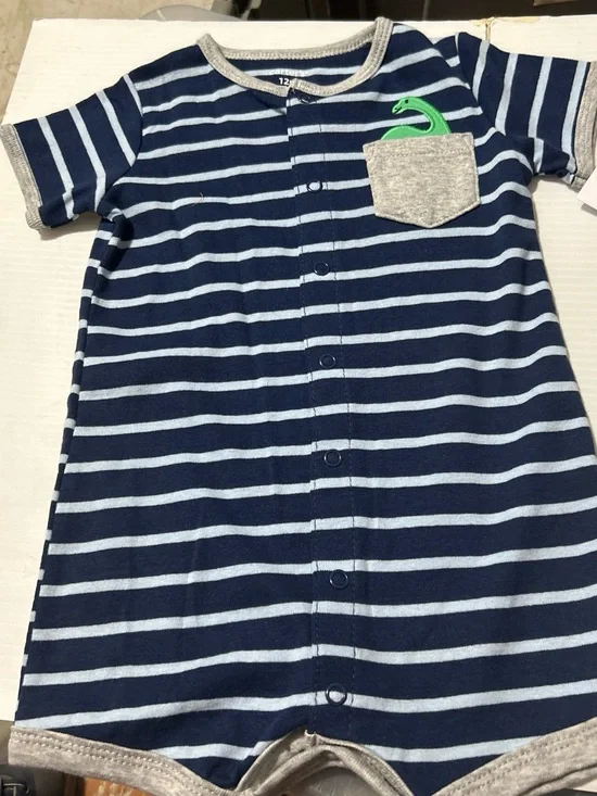 Carter's Navy & Light Blue Striped Baby Romper with Gray Pocket and Green Dino