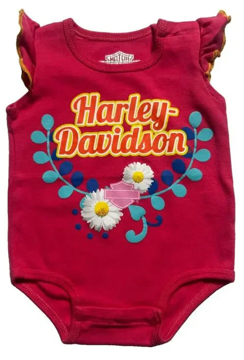 Harley-Davidson Baby Girls Pink Floral Bodysuit Romper 3-6M Flutter Sleeve