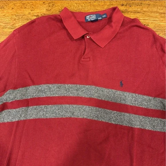 Polo Ralph Lauren Red Waffle Knit Thermal‎ Golf Long Sleeve Polo Shirt Men's 2XL