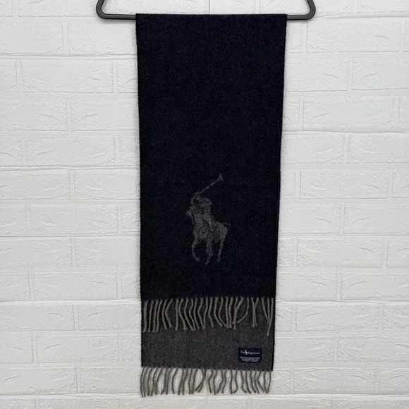 Polo Ralph Lauren Scarf Mens OS Charcoal Grey Reversible Big Pony Wool Blend