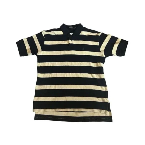 Polo‎ Ralph Lauren Mens Large Navy Blue Cream Striped Cotton Pique Polo Shirt