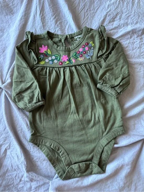 Carter's Olive Green Floral Embroidered Long-Sleeve One-Piece