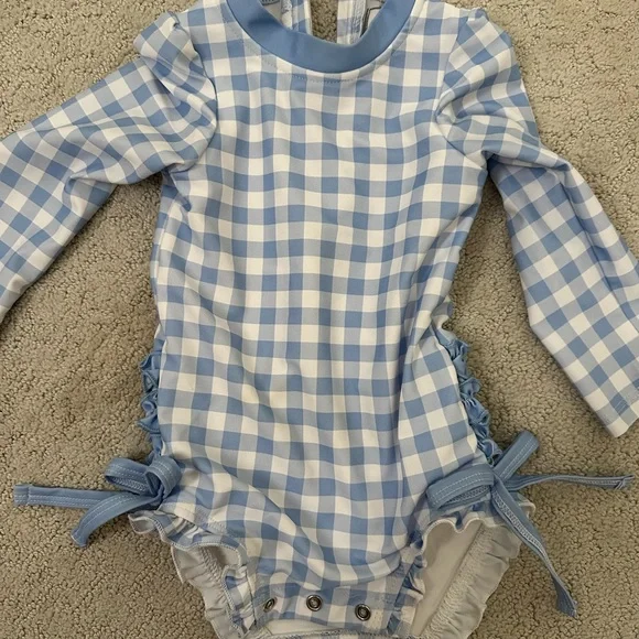 Sugar Blue and White Gingham Long-Sleeve One-Piece