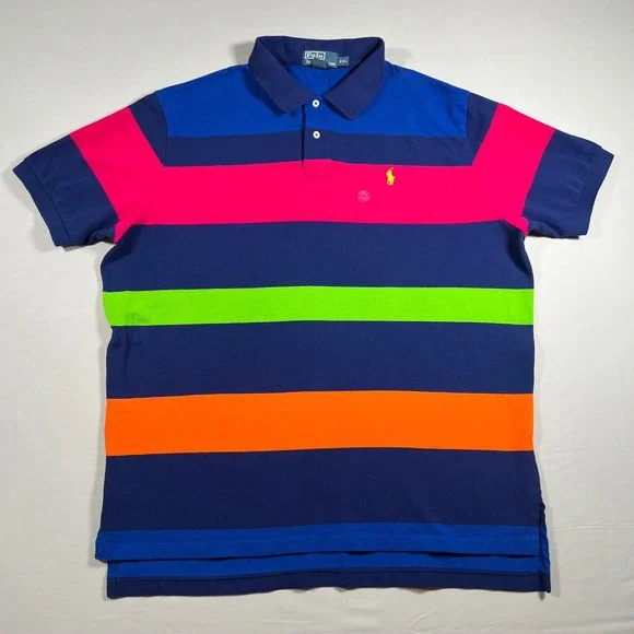 Polo Ralph Lauren Mens XXL Striped Polo Shirt Blue Multicolor Colorblock Rugby