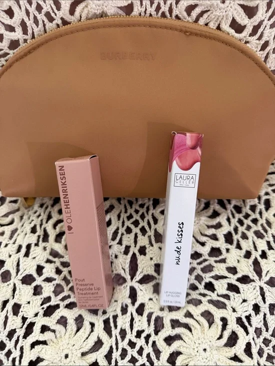 Burberry Tan Cosmetic Pouch with Pink Lip Gloss Packaging