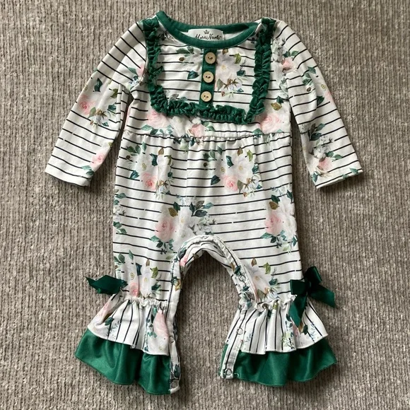Marie Nicole 0-3M Ruffle Floral Stripe Romper With Green Trim Cottagecore Preppy