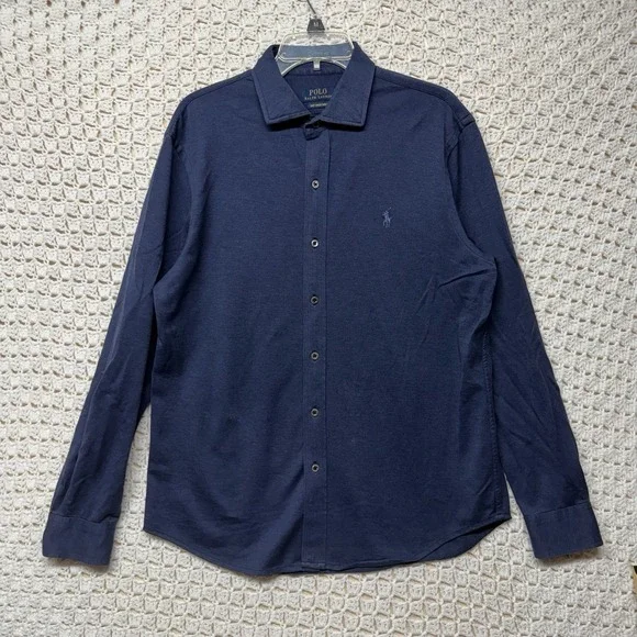 Polo Ralph Lauren Knit Dress Shirt Men Sz L Navy Blue Stretch Button Up Long Slv