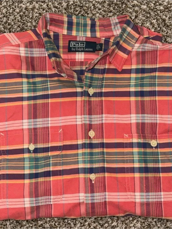 Polo by Ralph Lauren Coral and Green Plaid Button-Down Shirt Size Large