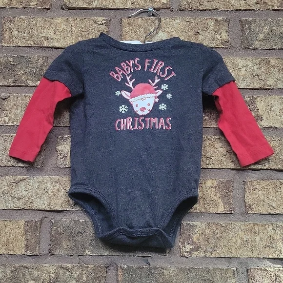 Okie Dokie Gray and Red Baby's 1st Christmas Long Sleeve Bodysuit