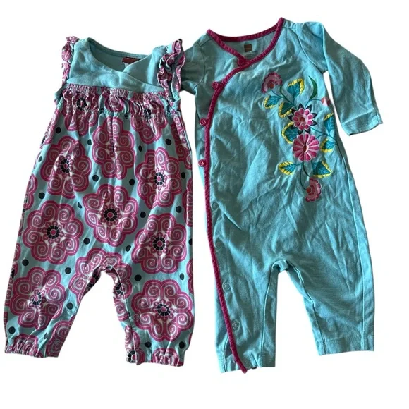 Tea Collection Set of 2‎ Baby Girl Rompers 0-3M Floral & Polka Dot Teal/Pink