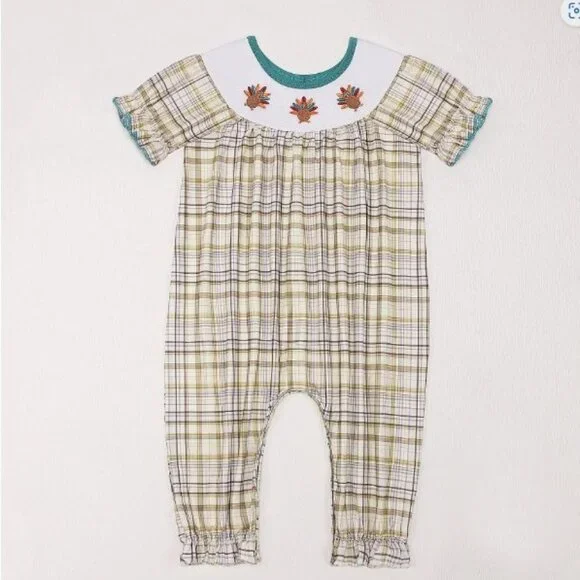 Boutique Baby Girls Thanksgiving Turkey Embroidered Romper Jumpsuit