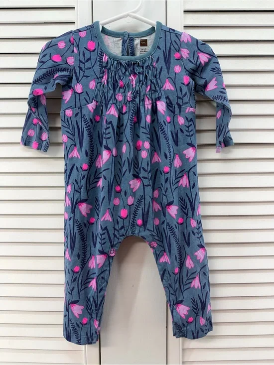 Tea collection size 9-12M Blue Floral Baby Romper with Pink flowers