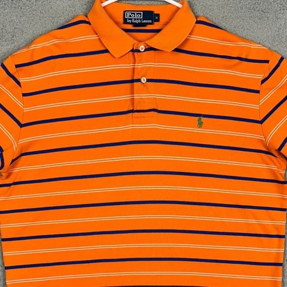 Polo Ralph Lauren Polo Shirt Mens Medium Orange Navy Striped Casual Rugby Pony