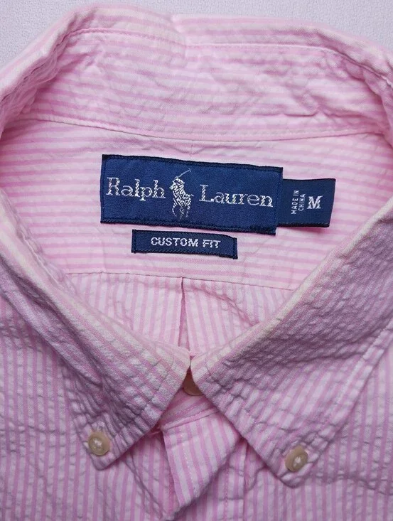 Polo Ralph Lauren Mens Custom Fit Seersucker Shirt Size M Pink White Stripes