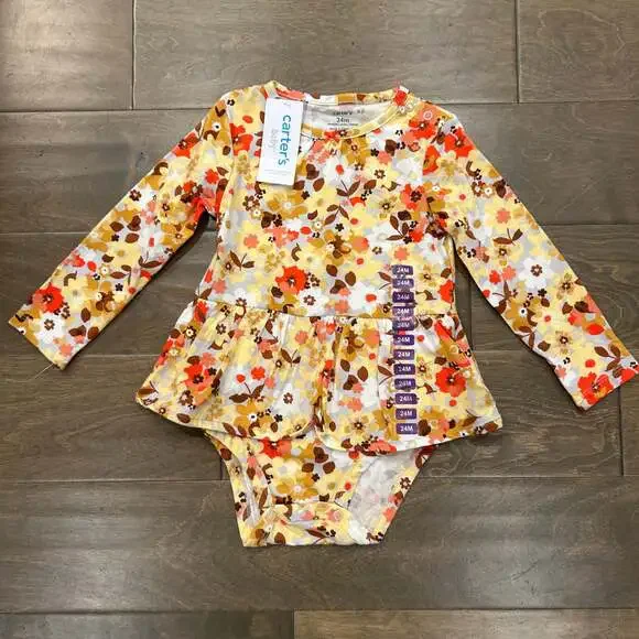 Carters Baby Girl 24M Floral Long Sleeve Peplum Bodysuit Orange Yellow Brown NWT