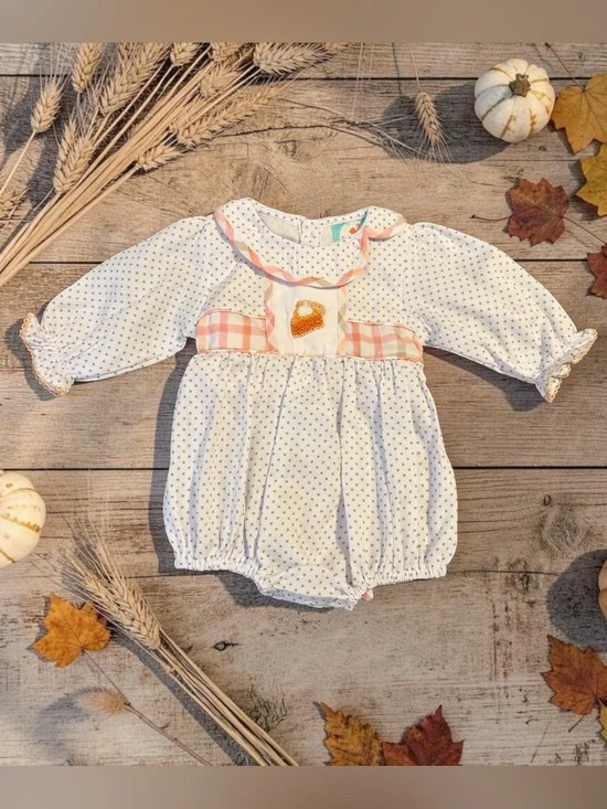 NEW!  Smocked Flamingo Sweet Pumpkin Pie Plaid Bow Onesie