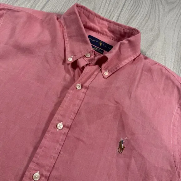Polo Ralph Lauren Slim Fir Chambray Oxford Mens L Pink SS Button Down Flesh Pony