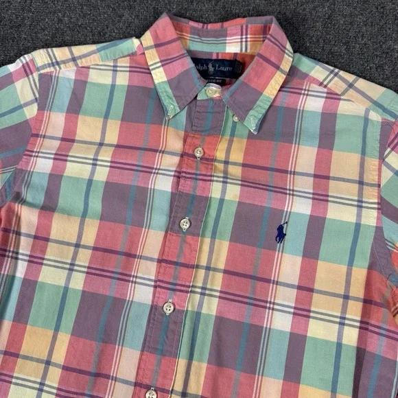 Polo Ralph Lauren Shirt Men's M Plaid Button Down Short Pastel Multi Pony