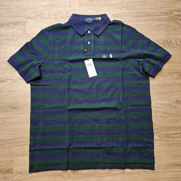 NWT Polo Ralph Lauren Classic Fit Striped Mesh Polo Shirt Green Navy Men's L