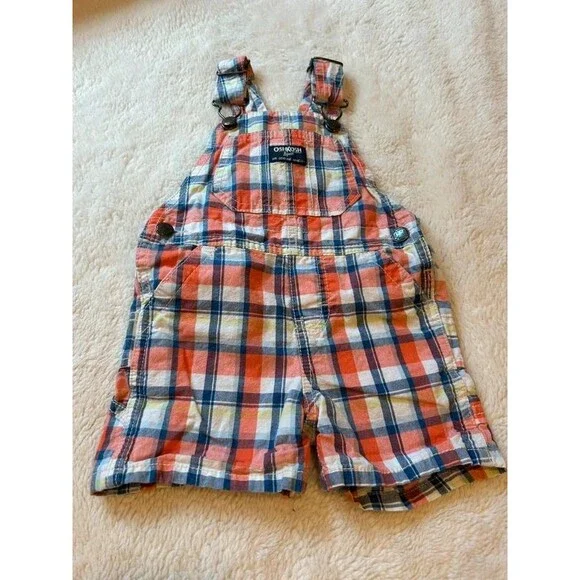 12M Boys Blue Orange Plaid OshKosh Snap Shorts Overalls