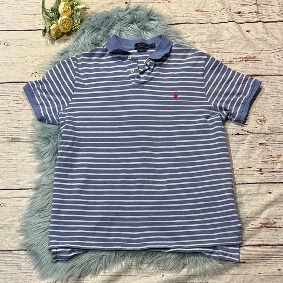 RALPH LAUREN Custom Fit Blue White Striped Red Logo Polo Shirt Top