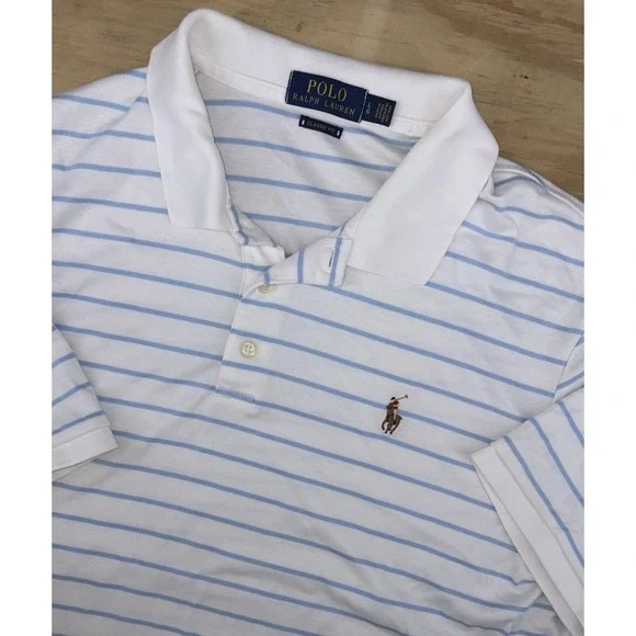 Polo Ralph Lauren Polo Shirt White Blue  Striped Large Flesh Pony Classic Fit