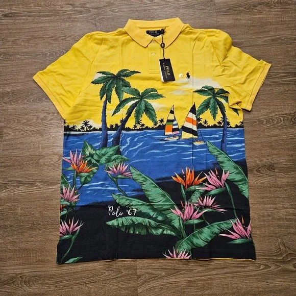 Polo Ralph Lauren Polo Shirt Mens XL Yellow Tropical Mesh Polo 67' Classic Fit