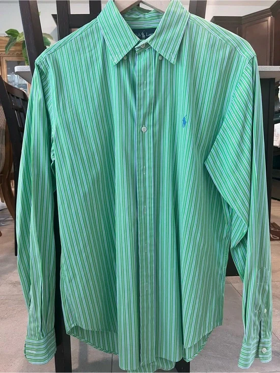 Ralph Lauren Classic Fit Striped Shirt Green Blue Stripe Medium Men's Button Up