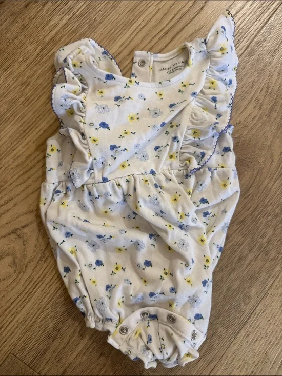 Janie and Jack White Baby Romper with Blue and Yellow Floral Print