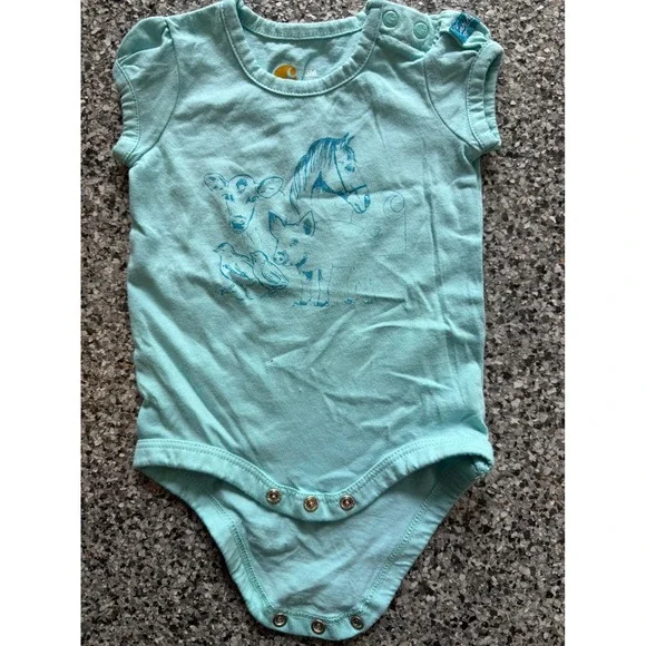 Carhartt Baby Girls Aqua Blue Farm Animal Graphic Snap Bodysuit 3M Cotton
