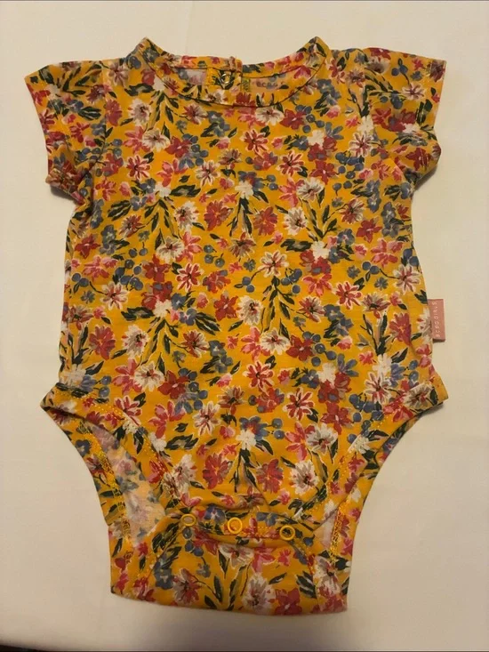 BCBG Girls Yellow Floral Baby Romper with Pink & Blue Accents