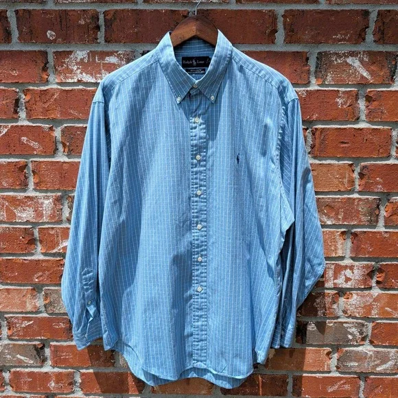 Ralph Lauren Button Down Mens 17 34/35 Blue Yarmouth Pinpoint Oxford Check Shirt