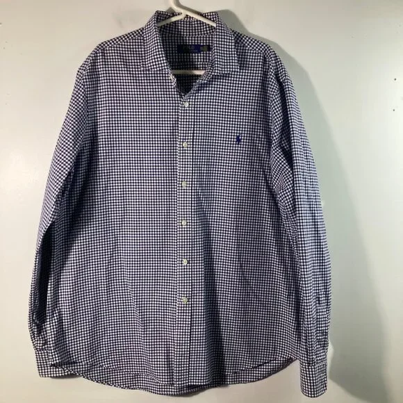 Mens Vintage Polo Ralph Lauren Gingham Button Shirt Navy‎ Blue White 2XL Cotton