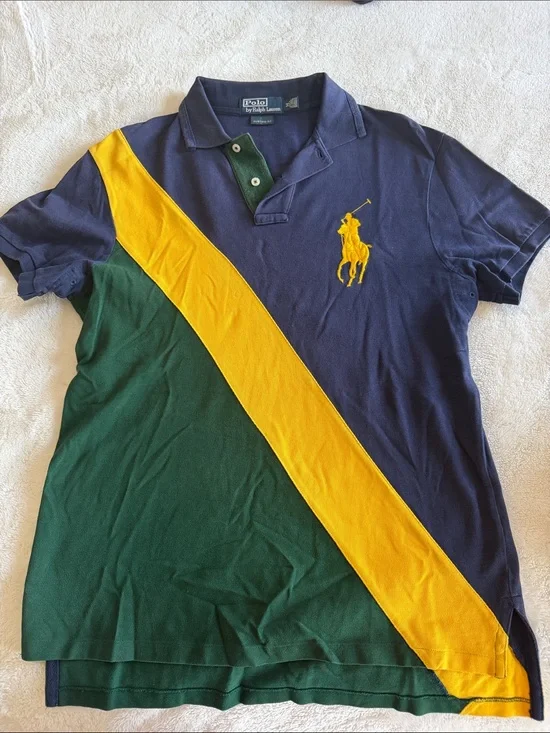 Polo by Ralph Lauren Navy, Green & Yellow Diagonal Stripe Polo Shirt