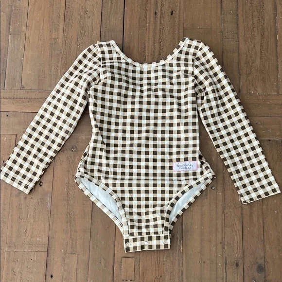 Sweethoney Brown Checkered Long Sleeve ruffed Bodysuit leotard 4T