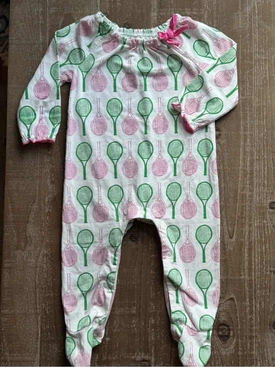 +Mud Pie Pink Green Pickleball Print Footed One-Piece 6-9M Baby Girl Preppy