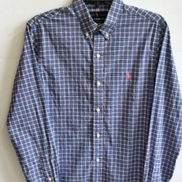 Ralph Lauren Mens Blue Pink Check Slim Fit 100% Cotton Stretch Button Down Pony