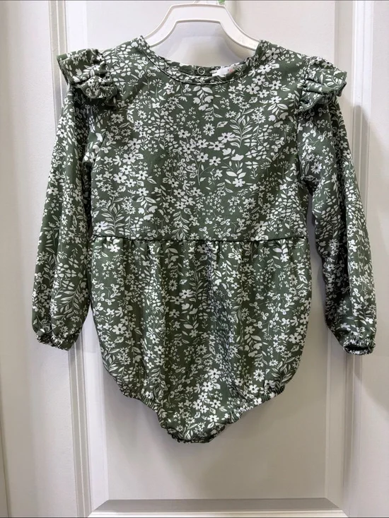 Green Floral Ruffle Shoulder Toddler Bodysuit
